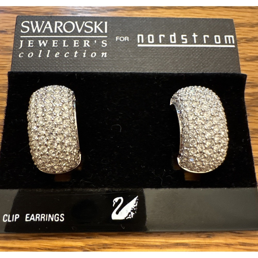 NWT  Swarovski Vintage‎ Swan Gold & Pave Crystal Clip On Hoop Earrings $125